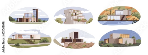 Set of modern suburban houses with terraces and panoramic windows. Exteriors of villas, maisons and cottages of contemporary architecture style. Flat vector illustration isolated on white background