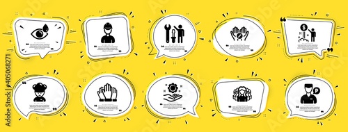 People icons set. Speech bubble offer banners. Yellow coupon badge. Included icon as Eye drops, Repairman, Vote signs. Employee hand, Foreman, Cooking chef symbols. Vector