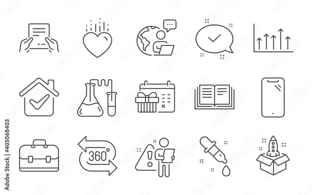 Chemistry pipette, Growth chart and Heart line icons set. 360 degree, Approved and Education signs. Christmas calendar, Receive file and Startup symbols. Line icons set. Vector Chemistry pipette, Growth chart and Heart line icons set. 360 degree, Approved and Education signs. Christmas calendar, Receive file and Startup symbols. Line icons set. Vector