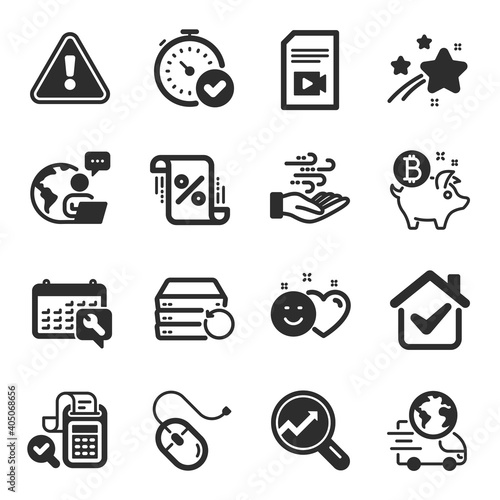 Set of Technology icons, such as Bill accounting, Loan percent, Recovery server symbols. Smile, Spanner, Analytics signs. Wind energy, Delivery service, Bitcoin coin. Fast verification . Vector