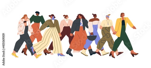 Group of different women walking together and holding hands. Strong and brave girls supporting feminist movement. Sisterhood and feminism concept. Colorful flat vector illustration isolated on white