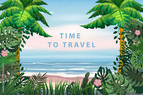 Time To Travel Summer Vacation Poster. Seascape beach palms seachore tropical ocean, vector, illustration