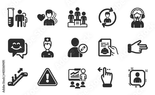 Technical documentation, Click hand and Support icons simple set. Business podium, Man love and Human resources signs. Developers chat, Medical analyzes and Smile face symbols. Flat icons set. Vector