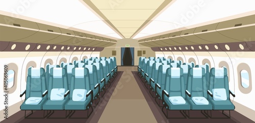 Front view of airplane interior design with aisle, reclining seats and portholes. Empty aircraft cabin of economy class. Inside modern plane. Colored flat vector illustration