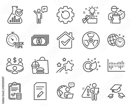 Education icons set. Included icon as Quick tips, Recovery gear, Throw hats signs. Column diagram, Agent, Accounting checklist symbols. Chemistry lab, Edit document, Payment. Creative idea. Vector