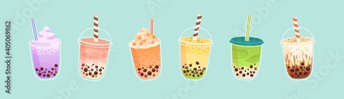 Set of plastic glasses with Taiwanese bubble or boba milk tea with different flavors: matcha, honeydew, etc. Collection of cold Asian drink from tapioca pearls. Colorful flat vector illustration