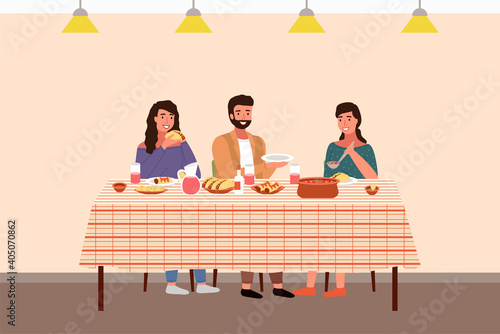Family at a Mexican-style evening dinner. Girl puts salsa on a guy s plate. Woman is eating tacos. Characters are eating mexican cuisine dishes. People in national costumes have dinner at home