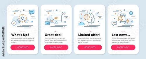 Set of Business icons, such as Time management, Business targeting, Seo adblock symbols. Mobile app mockup banners. Flight destination line icons. Vector