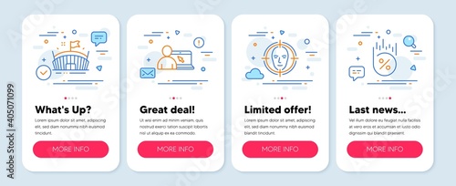 Set of Business icons, such as Face detect, Arena, Online education symbols. Mobile app mockup banners. Loan percent line icons. Select target, Sport stadium, Internet lectures. Discount. Vector