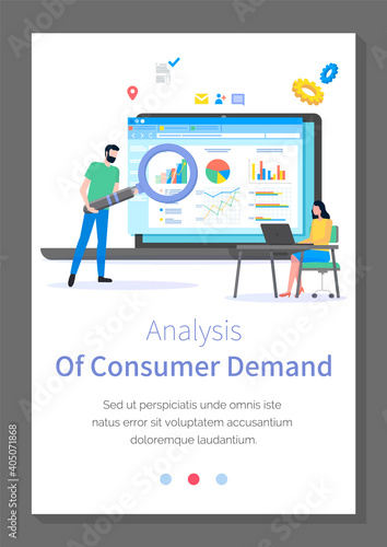 Analysis of consumer demand site template. Young woman sitting at laptop. Bearded man with cartoon giant magnifying glass. Landing page with analytics data. Website layout vector illustration