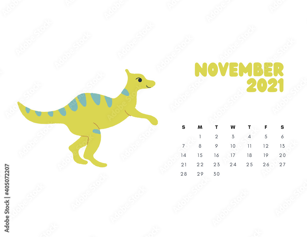 Obraz premium 2021 Dinosaur Calendar, Dino Calendar 2021, Kids Room Wall Art, Sunday Start Printable Calendar, Monthly Landscaped Calendar for Kids
