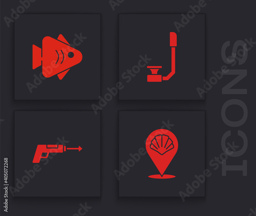 Set Scallop sea shell, Fish, Snorkel and Fishing harpoon icon. Vector.