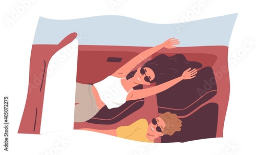 Top view of romantic couple driving cabriolet or riding roller coaster car on summer holidays. Happy young guy and woman enjoying fast speed. Flat vector illustration isolated on white background