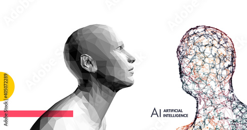 Human vs robot. Conflict of artificial intelligence and human mind. The concept of rivalry.  Scientific digital design template. 3d vector illustration for presentations, flyers or posters.