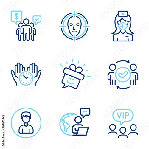 People icons set. Included icon as Vip clients, Face detect, Nurse signs. Teamwork, Person, Approved teamwork symbols. Safe time, Smile line icons. Exclusive privilege, Select target. Vector