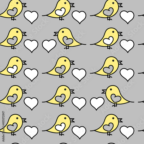 Seamless pattern. Romantic doodle background. Small cute Birds and hearts. Black white yellow grey