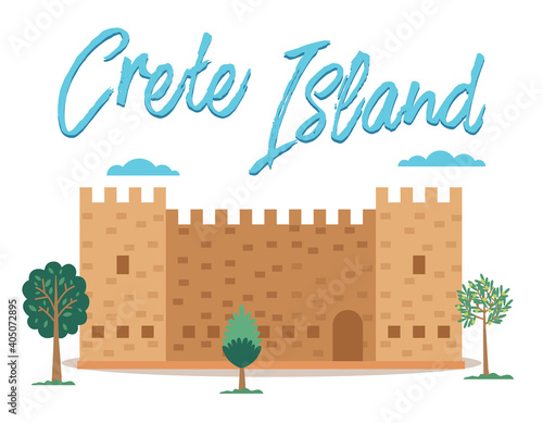 Crete island invitation card vector illustration. Medieval fortress with tower surrounded by trees. Town in greece and castle. Historical building of kings. Protective divine fortress made of stone