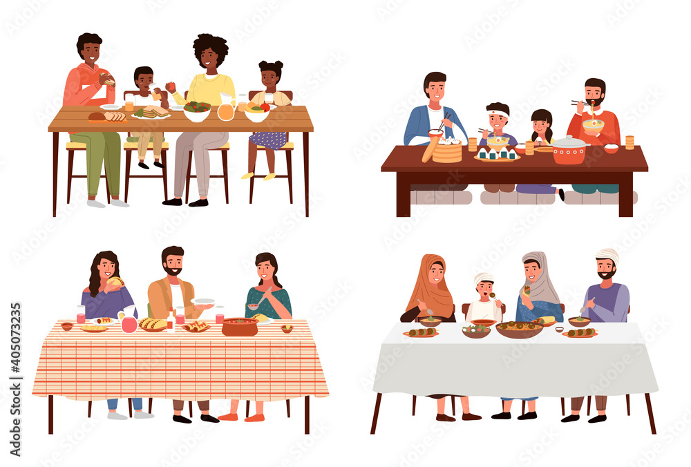 Set of illustrations on the theme of family dinner in different countries. Tasting of national dishes. Couples on dates isolated on white background. People communicate and spend time together