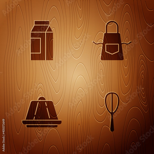 Set Kitchen whisk, Paper package for milk, Pudding custard and apron on wooden background. Vector.
