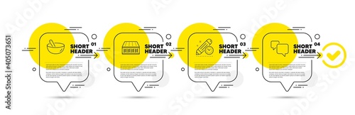 Mattress, Cooking mix and Project deadline line icons set. Timeline infograph speech bubble. Speech bubble sign. Pocket spring, Bowl, Time management. Chat message. Business set. Vector