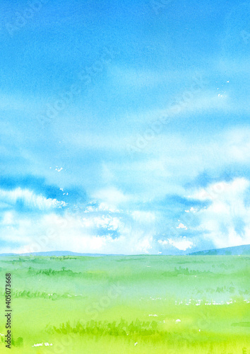 青い空と草原　水彩画　A4縦