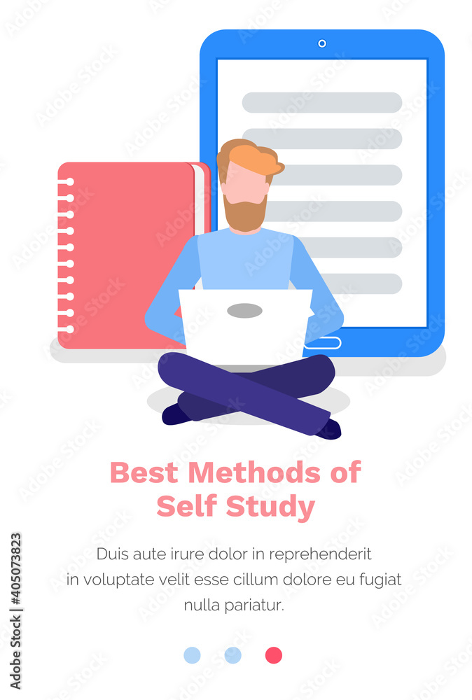 Studying material in internet, best methods of self study concept. Man is sitting on the floor and working with laptop, practicing technique of learning information. Website landing page template Studying material in internet, best methods of self study concept. Man is sitting on the floor and working with laptop, practicing technique of learning information. Website landing page template