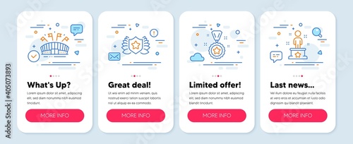 Set of Sports icons, such as Laureate, Sports arena, Winner reward symbols. Mobile screen banners. Success line icons. Award shield, Event stadium, Best award. Winner person. Laureate icons. Vector