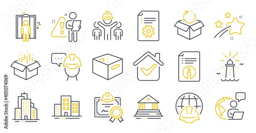 Set of Industrial icons, such as Open box, Skyscraper buildings, Return package symbols. Buildings, Lighthouse, Foreman signs. Certificate, Court building, Office box. Engineering team. Vector