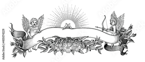 Valentine banner and frame illustration vintage style black and white clip art isolated on white background