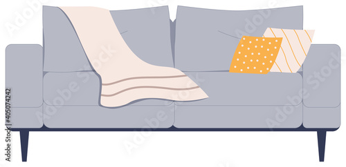 Canvas Print Comfortable gray sofa with pillows and plaid on white background