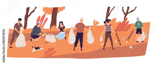 Young people cleaning forest by collecting garbage into trash bags. Volunteers picking up litter. Team of eco activists working in nature together. Colored flat vector illustration isolated on white