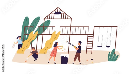 Children cleaning playground by collecting garbage into trash can. Kids eco volunteers picking up litter. Children care about nature. Colored flat vector illustration isolated on white background