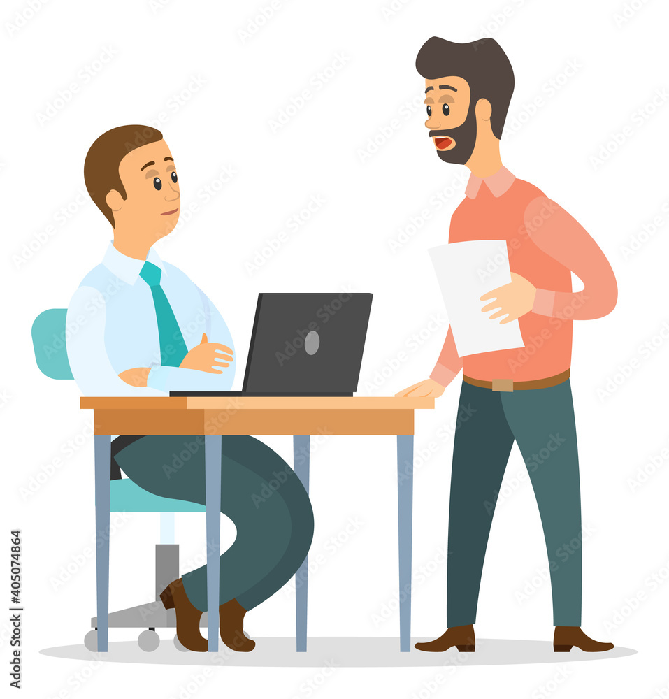 Office workers characters discussing matters. Surprised open-eyed man and colleague sitting at office desk with laptop talking communication. Business meeting and consideration of working issues Office workers characters discussing matters. Surprised open-eyed man and colleague sitting at office desk with laptop talking communication. Business meeting and consideration of working issues