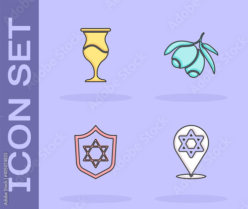 Set Star of David, Jewish goblet, Shield with and Olives branch icon. Vector.