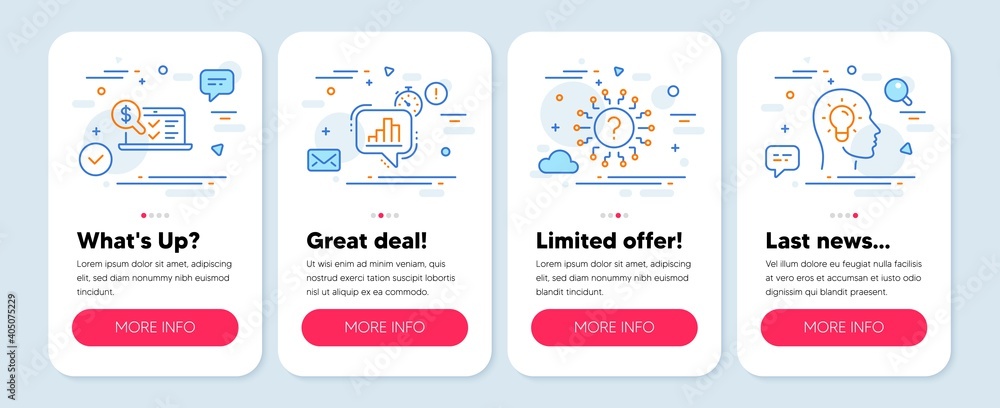 Set of Technology icons, such as Question mark, Statistics timer, Online accounting symbols. Mobile app mockup banners. Idea head line icons. Quiz chat, Growth chart, Web audit. Lightbulb. Vector Set of Technology icons, such as Question mark, Statistics timer, Online accounting symbols. Mobile app mockup banners. Idea head line icons. Quiz chat, Growth chart, Web audit. Lightbulb. Vector