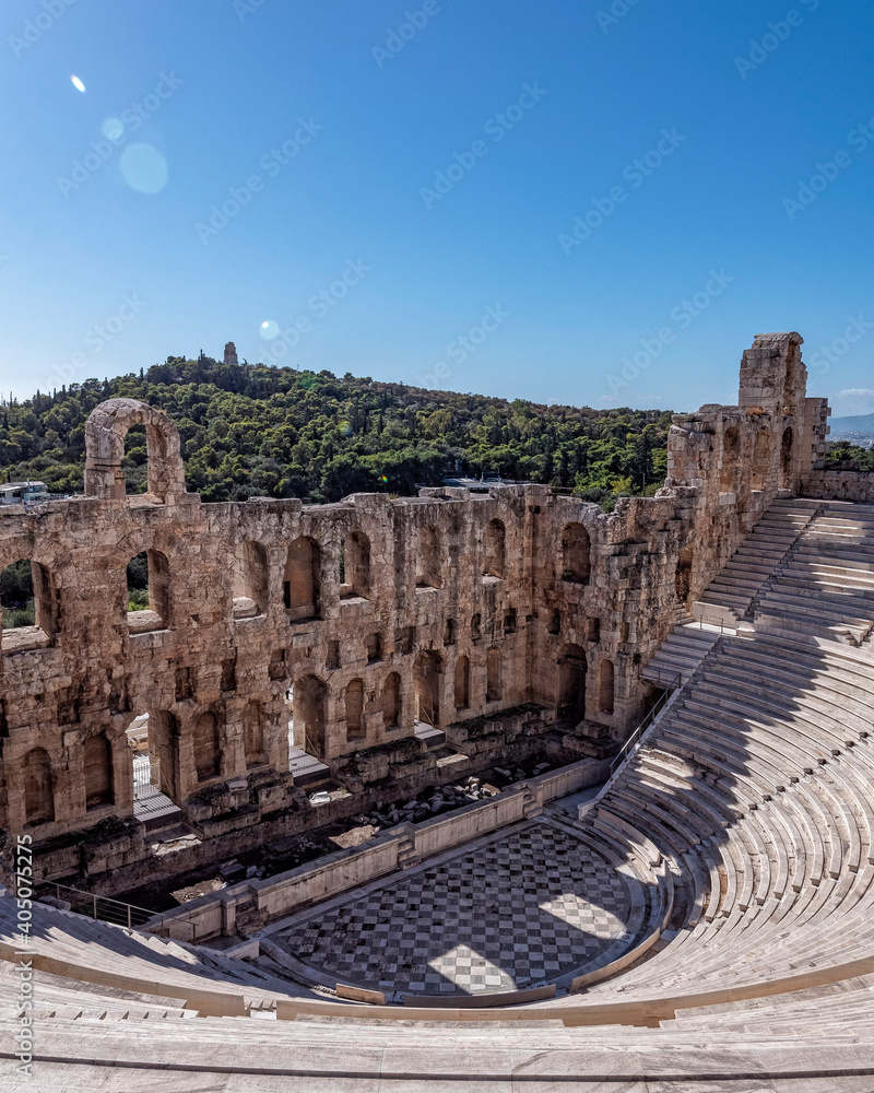 Herodeion ancient open theatre and Athens city panoramic view, Greece