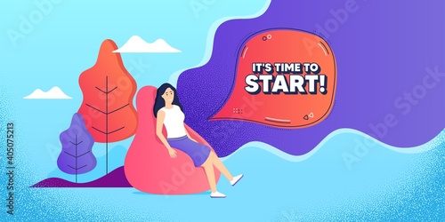 It's time to start. Woman relaxing in bean bag. Special offer sign. Advertising discounts symbol. Freelance employee sitting in beanbag. Time to start chat bubble. Vector