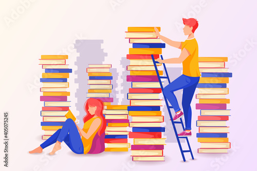 Man on the ladder taking a book, woman seating on the floor and reading. Reading, studying concept. Vector illustration in cartoon style.
