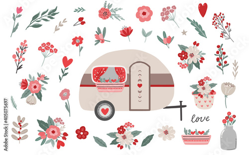Set of Valentine's da floral clipart and illustration elements, Valentine's day romantic camper clipart. Flowers and branches. Stickers, planner clipart, digital scandinavian style vector drawing