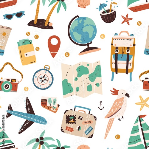 Dekoracja na wymiar  seamless-pattern-with-touristic-items-like-passport-backpack-globe-cocktail-airplane-palm-trees-and-map-endless-texture-about-travel-and-tourism-flat-vector-illustration-on-white-background