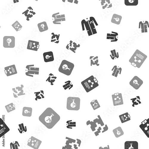 Set Laboratory uniform, Gaseous, Chemistry report and Cracked flask on seamless pattern. Vector.