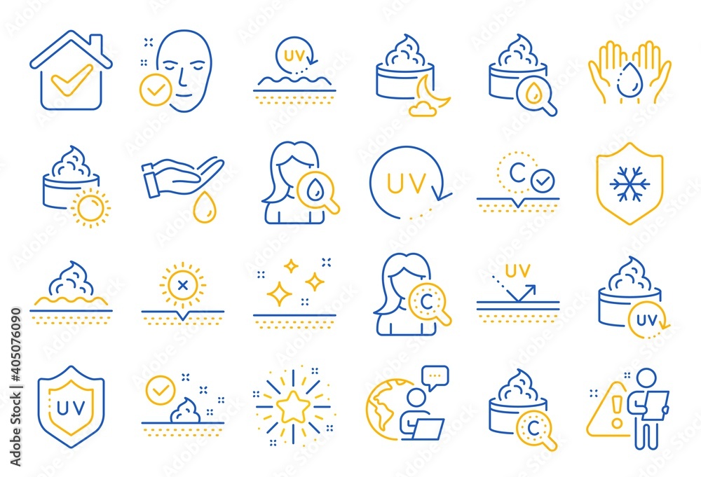 Fototapeta premium Skin care line icons. Collagen, Cream, Serum oil and Skincare. Face sun lotion gel, Uv protection, vitamin E icons. Night face skin care cream protection. Skincare cosmetic. Line icon set. Vector