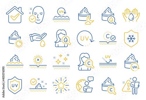 Skin care line icons. Collagen, Cream, Serum oil and Skincare. Face sun lotion gel, Uv protection, vitamin E icons. Night face skin care cream protection. Skincare cosmetic. Line icon set. Vector