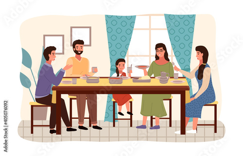 Dining table with pita and tomato soup. Arrangement of furniture. People in national costumes are eating traditional indian food together. Family sitting at festive table and celebrating the holiday