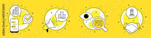University campus, Skyscraper buildings and Technical info line icons set. Cell phone, megaphone and deal vector icons. Lighthouse sign. Town building, Town architecture, Documentation. Vector