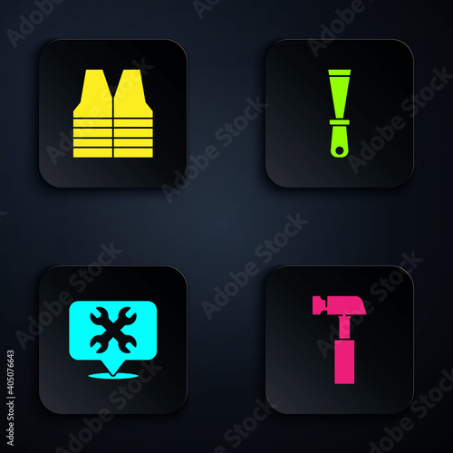 Set Hammer, Safety vest, Location with wrench and Putty knife. Black square button. Vector.