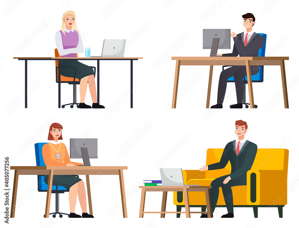 Office staff, work and communication. Head and subordinates. Various workers, managers team. Business employees on their workspace. Office workers. Co-workers. Colleagues discuss project teamwork Office staff, work and communication. Head and subordinates. Various workers, managers team. Business employees on their workspace. Office workers. Co-workers. Colleagues discuss project teamwork