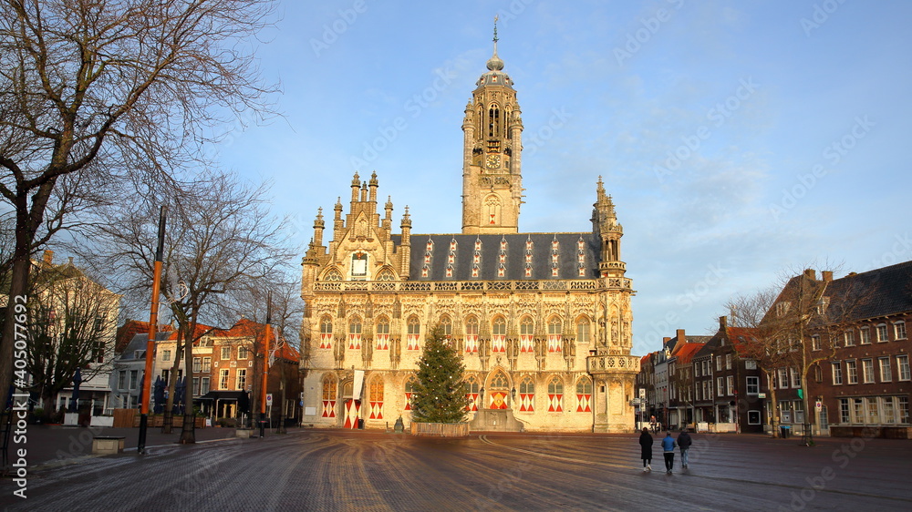 The impressive gothic styled Stadhuis (town hall), located on the Markt (main Square) in Middelburg, Zeeland, Netherlands