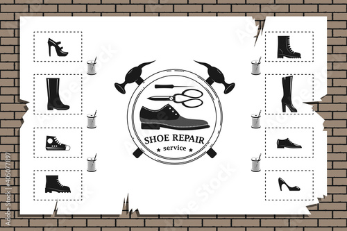Shoe repair service. Vector image of logo. Announcement sheet hanging on a brick wall