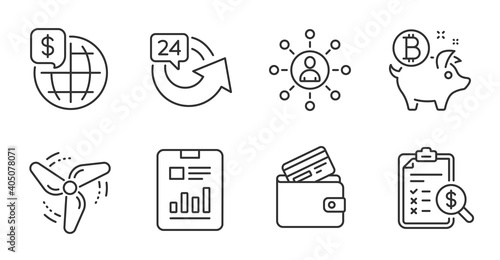 Bitcoin coin, World money and Accounting report line icons set. Debit card, Wind energy and 24 hours signs. Report document, Networking symbols. Piggy bank, Global markets, Check finance. Vector
